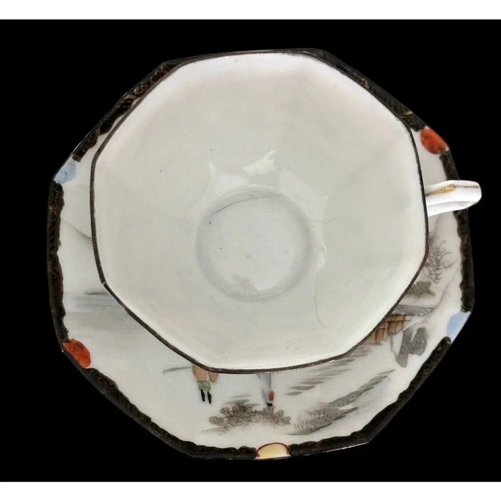 Kutani Egg Shell Porcelain Octagon Mountain Village Cup and Saucer Meiji Period
